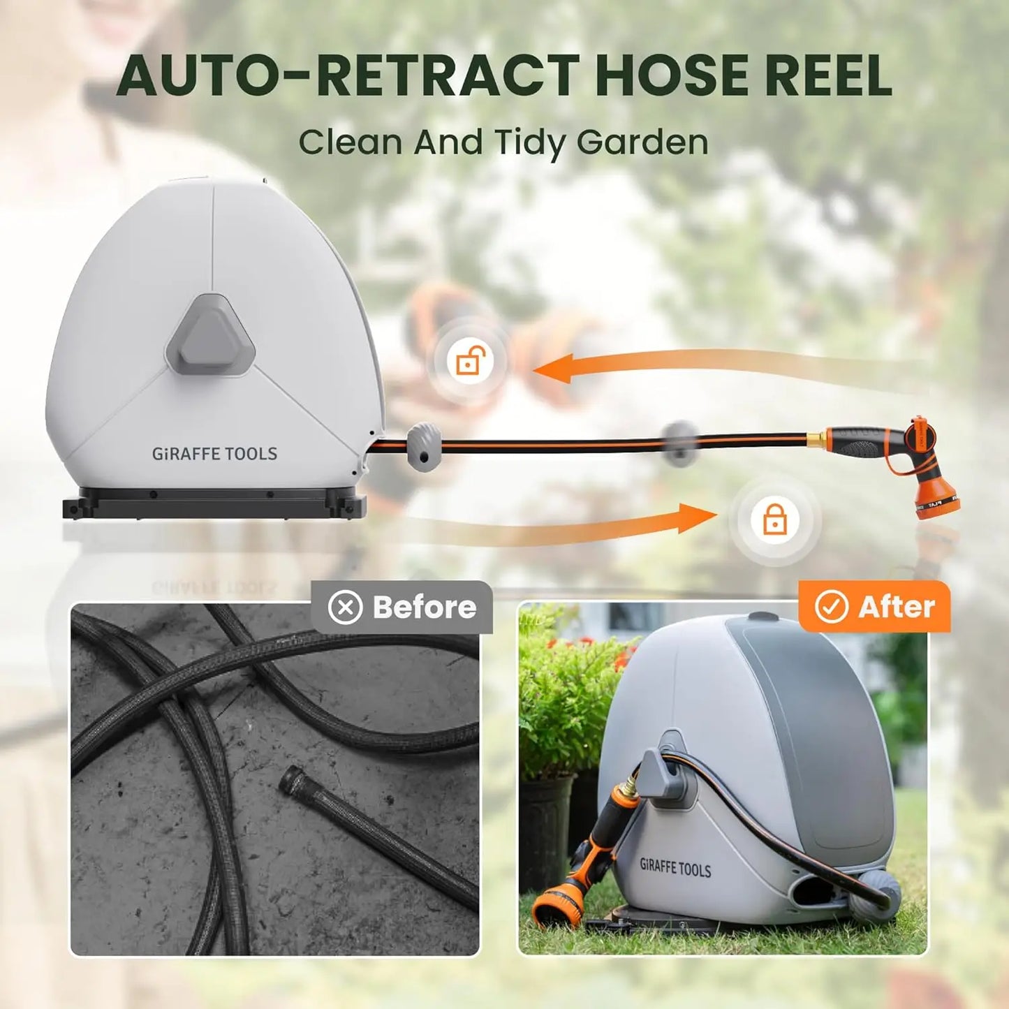 Giraffe Tools Retractable Hose Reel With Lock And Automatic Rewind