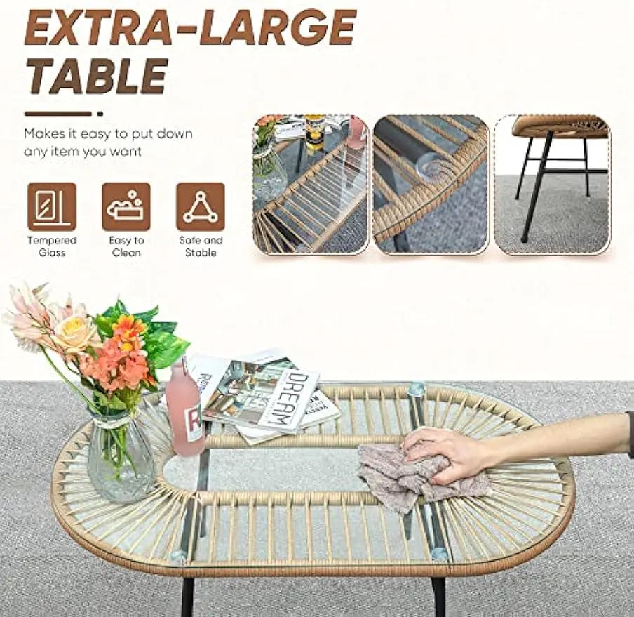 Outdoor L-Shaped Rope Sofa Set With Table And Cushions