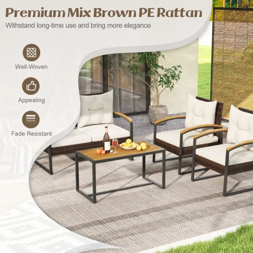 Patio Rattan Outdoor Conversation Sofa Set With Tabletop Cushions