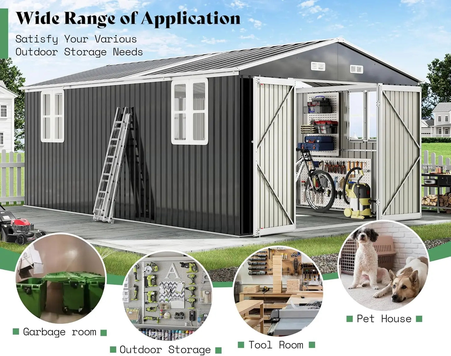 XMSJ Metal Storage Shed With Windows Hinged Doors And Vents