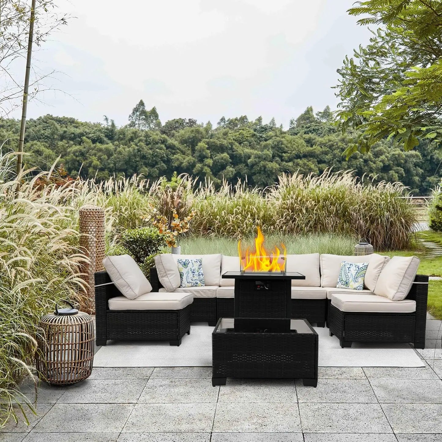 Patio Furniture Set With Fire Pit Table And Wicker Sectional
