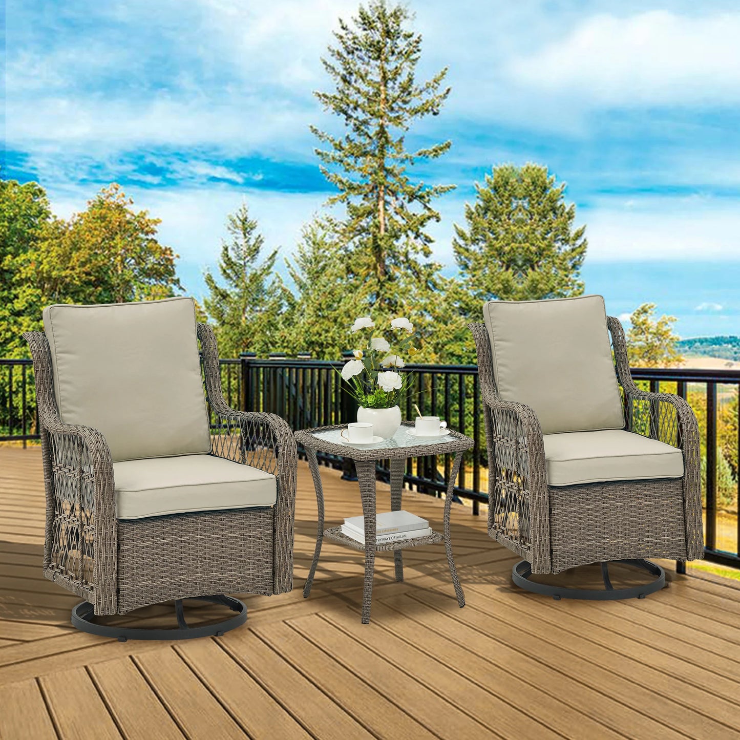 HobbyLane 3-Piece Outdoor Wicker Swivel Chair Set With Side Table