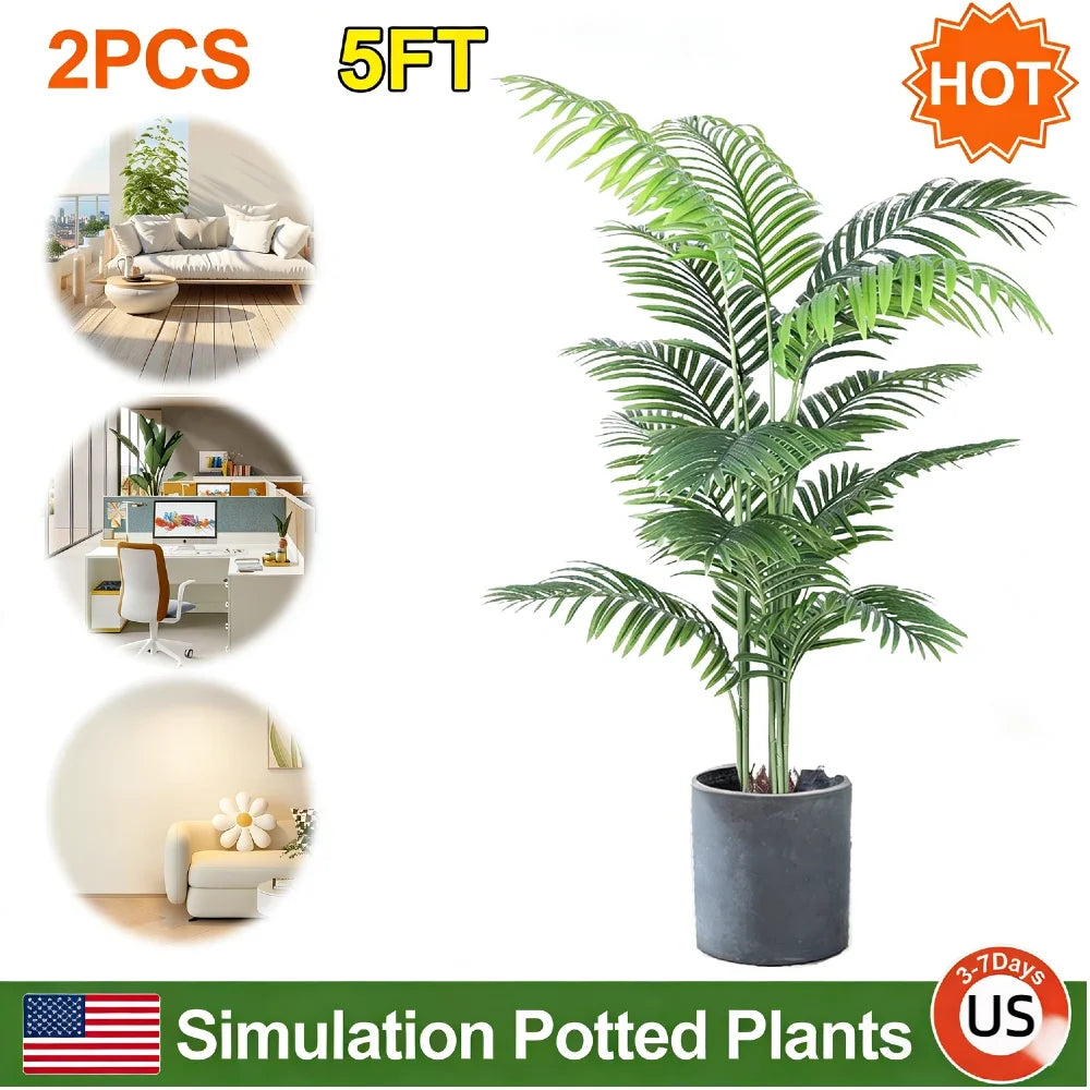 2PCS Potted Artificial Areca Palm Tree 5FT Faux Dypsis Lutescens Tropical Plant Adjustable Leaves for Indoor Outdoor Home Office