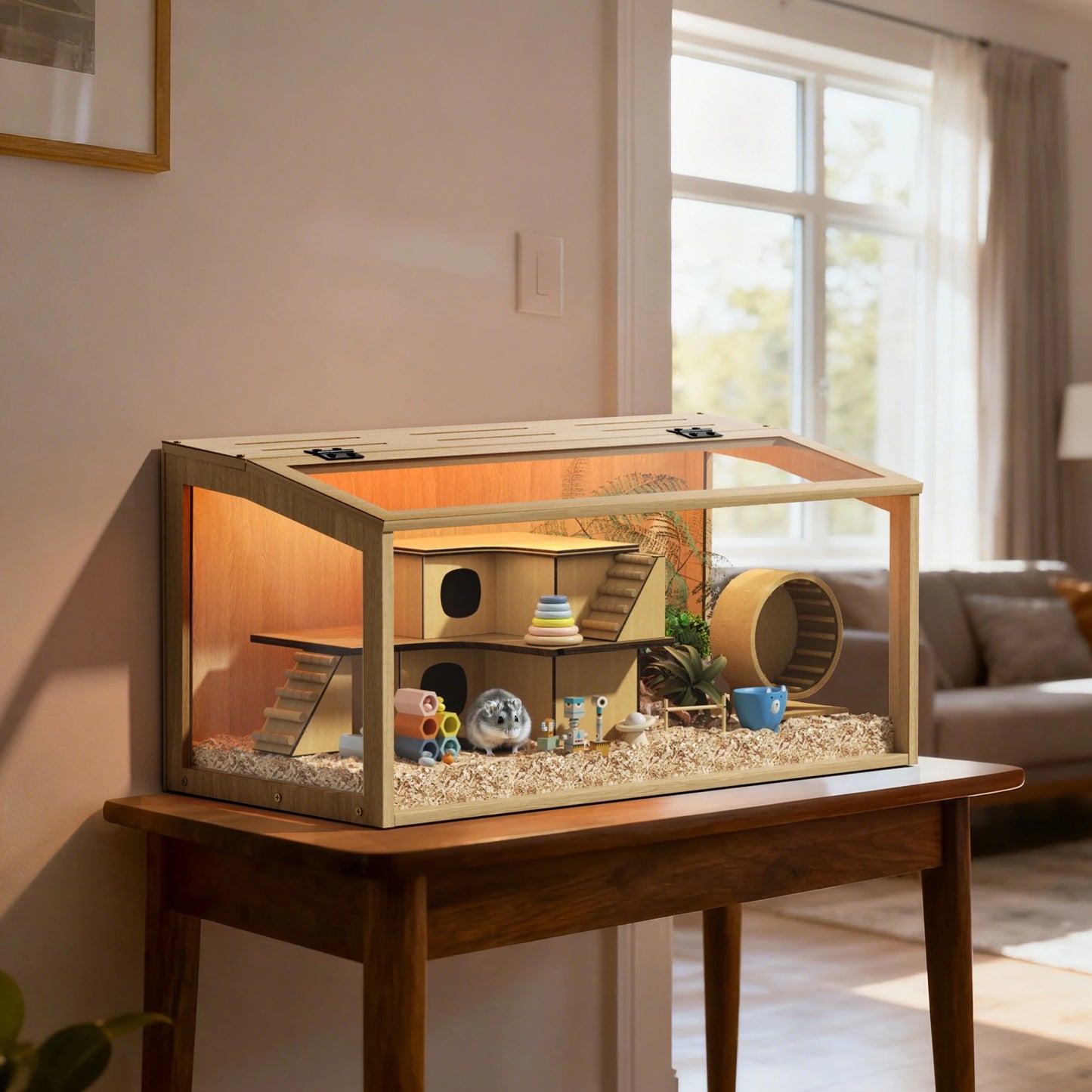 Wooden Small Animal Cage With Tempered Glass Panels