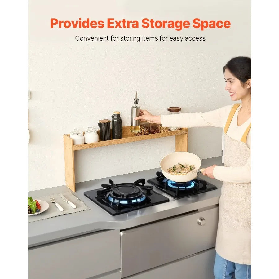 None Bamboo Over-The-Stove Spice Rack With 6 Hooks Organizer