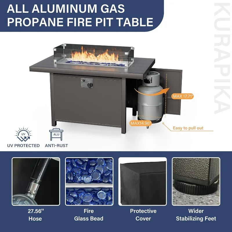 Aluminum 8-Seat Patio Furniture Set With Propane Fire Pit Table