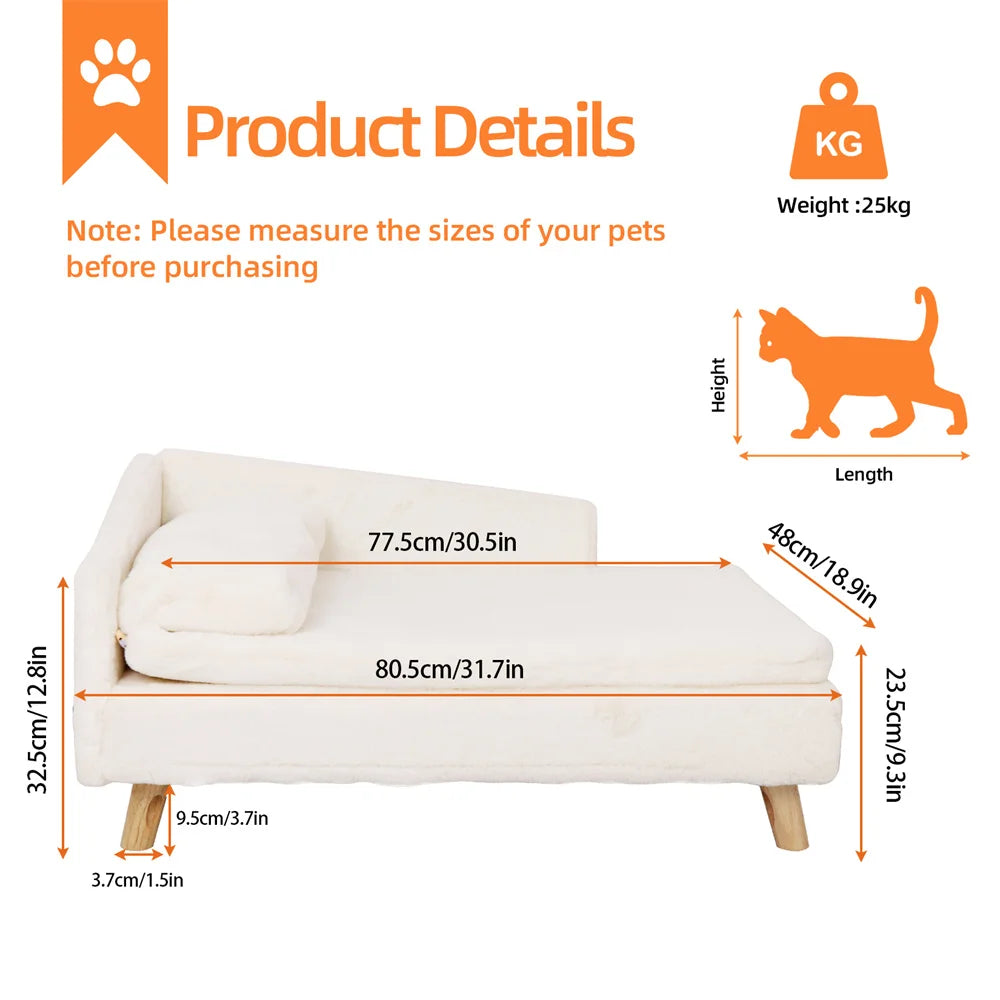 BORWARTCN Luxury Elevated Dog Sofa Bed With Backrest Plush Cushion Wooden Legs