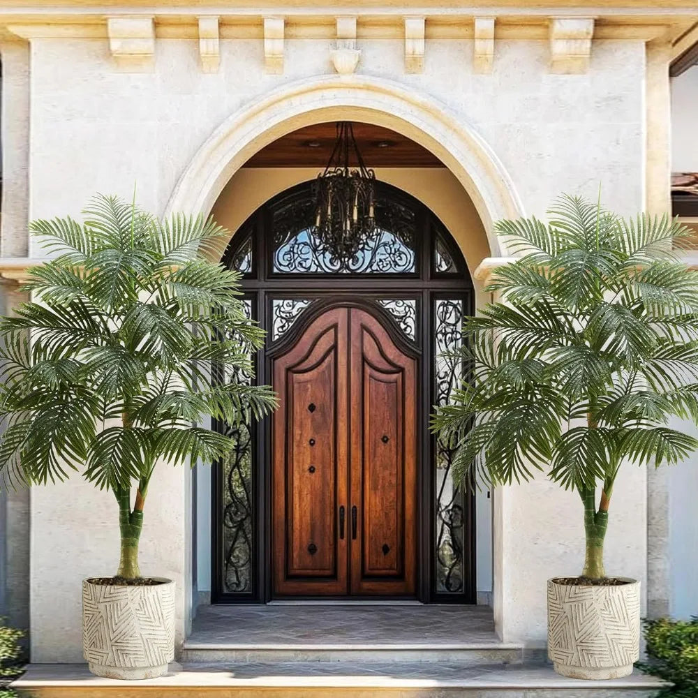 6-Foot Tall Artificial Golden Cane Palm Tree with Triple Realistic Trunks - Large Faux Tropical Palm
