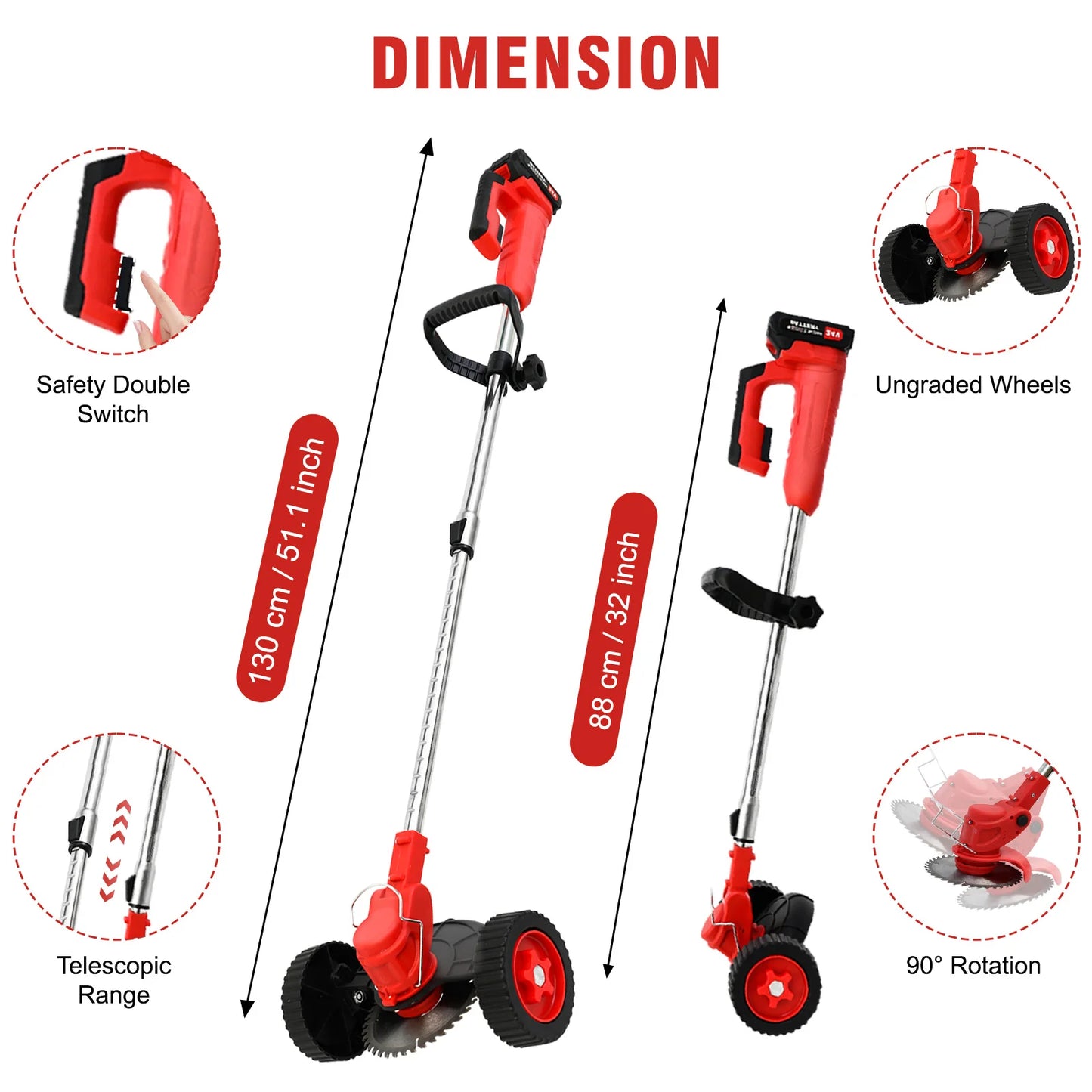 Cordless Grass Trimmer And Edger 3-In-1 With Wheels