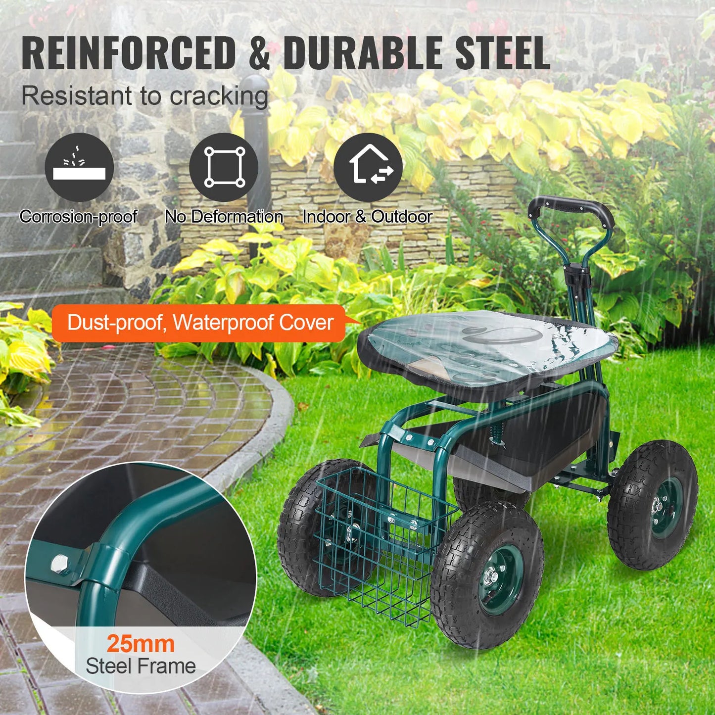 SucceBuy Rolling Garden Cart Seat With Wheels And Swivel
