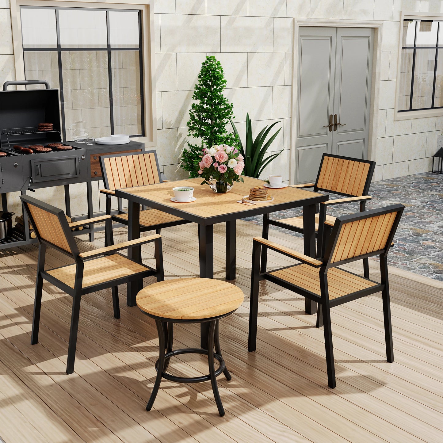 Outdoor Patio Dining Set With Aluminum Frame And Plastic-Wood Table