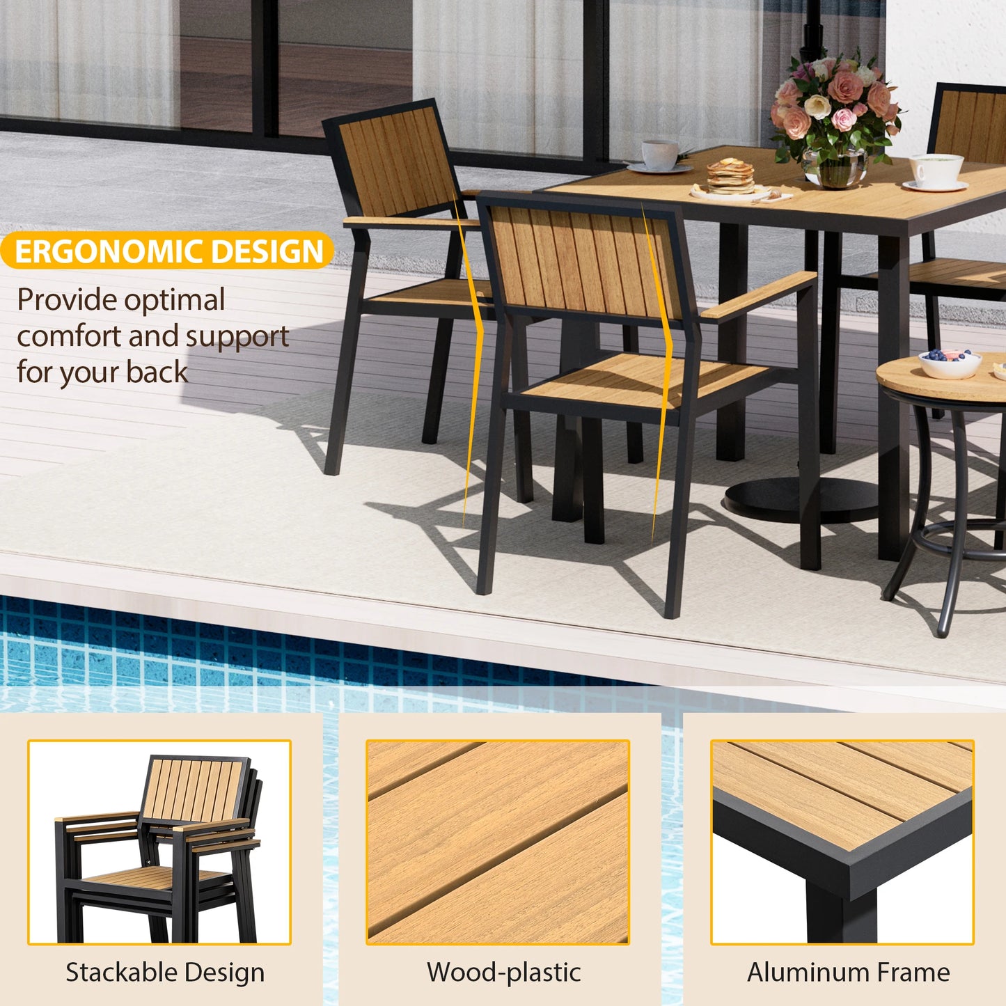 Outdoor Patio Dining Set With Aluminum Frame And Plastic-Wood Table