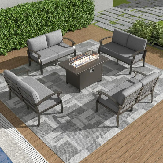 Aluminum 8-Seat Patio Furniture Set With Propane Fire Pit Table