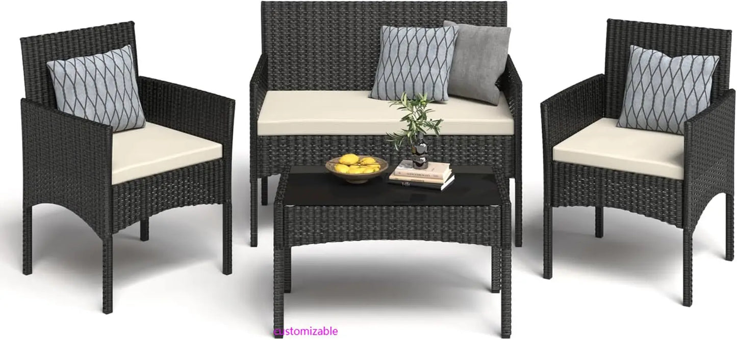 Outdoor Wicker Rattan Patio Conversation Set With Waterproof Cushions Table
