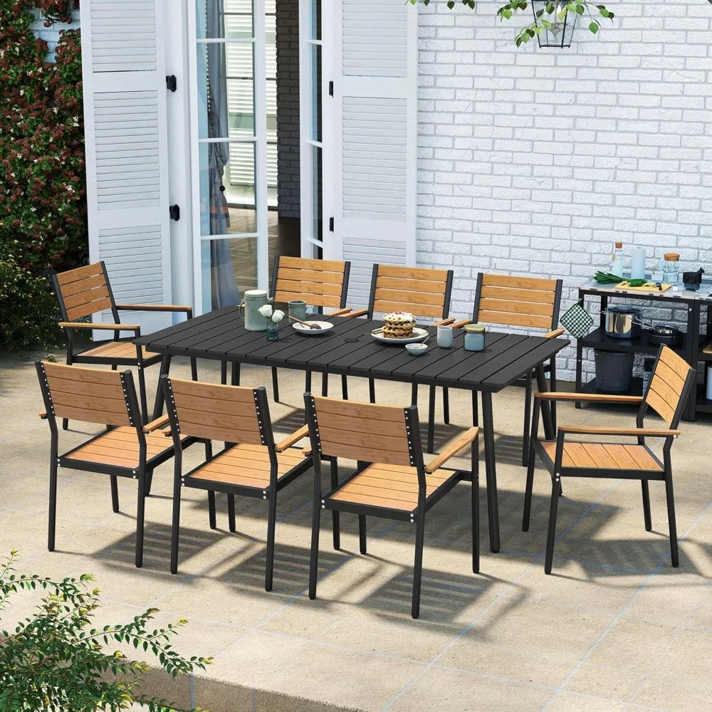 Outdoor Dining Table for 6 With Aluminum Frame and Wood Look Top Umbrella Hole