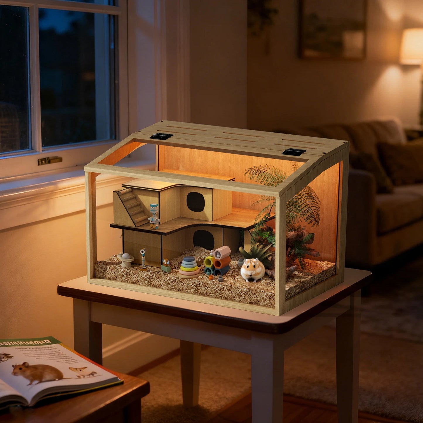 Wooden Small Animal Cage With Tempered Glass Panels