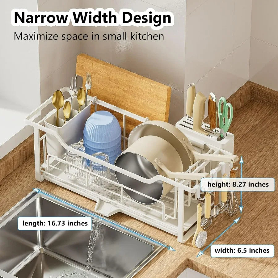 Auto Drain Narrow Dish Drying Rack With Removable Cutlery Basket