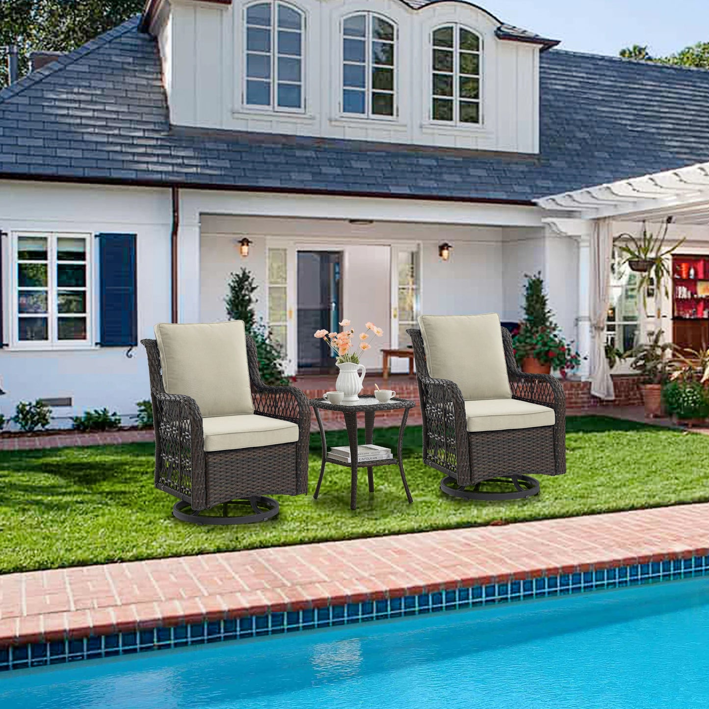 HobbyLane 3-Piece Outdoor Wicker Swivel Chair Set With Side Table