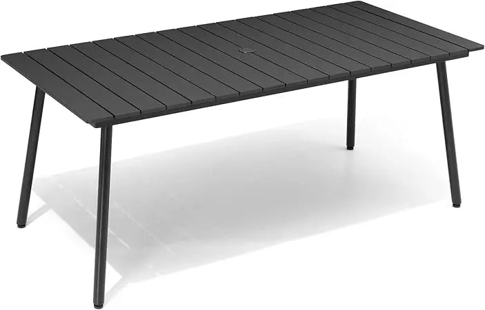 Outdoor Dining Table for 6 With Aluminum Frame and Wood Look Top Umbrella Hole