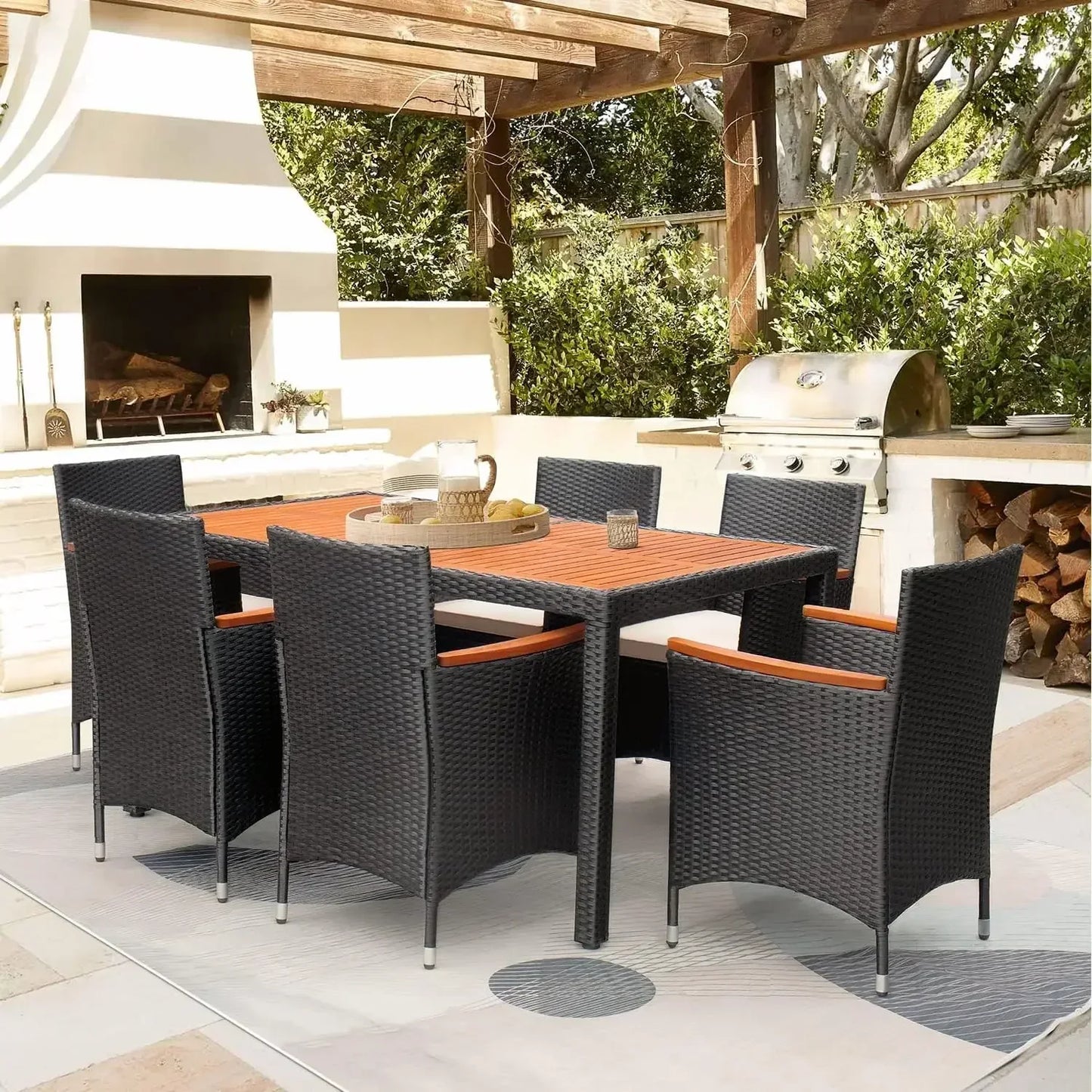 7-Piece Patio Dining Set Acacia Wood Table And Soft Cushions