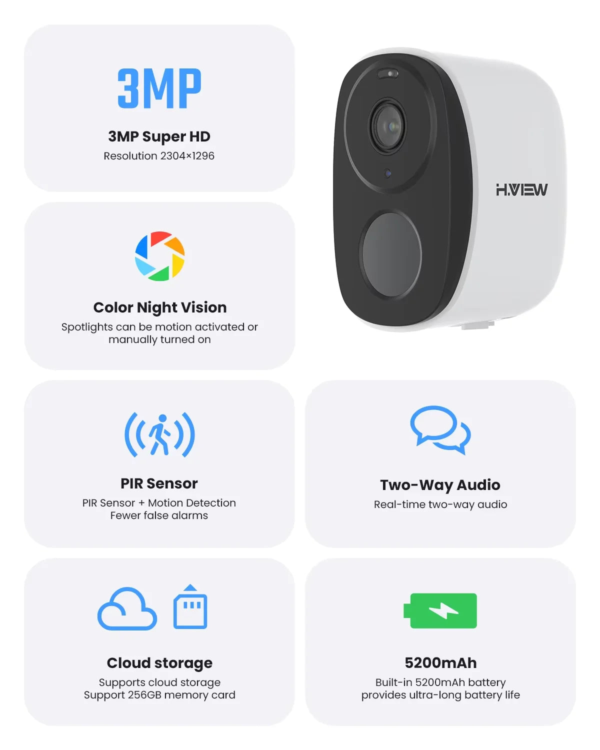 H.VIEW Battery Powered Wireless Outdoor Security Camera 2K 3MP Two Way Audio