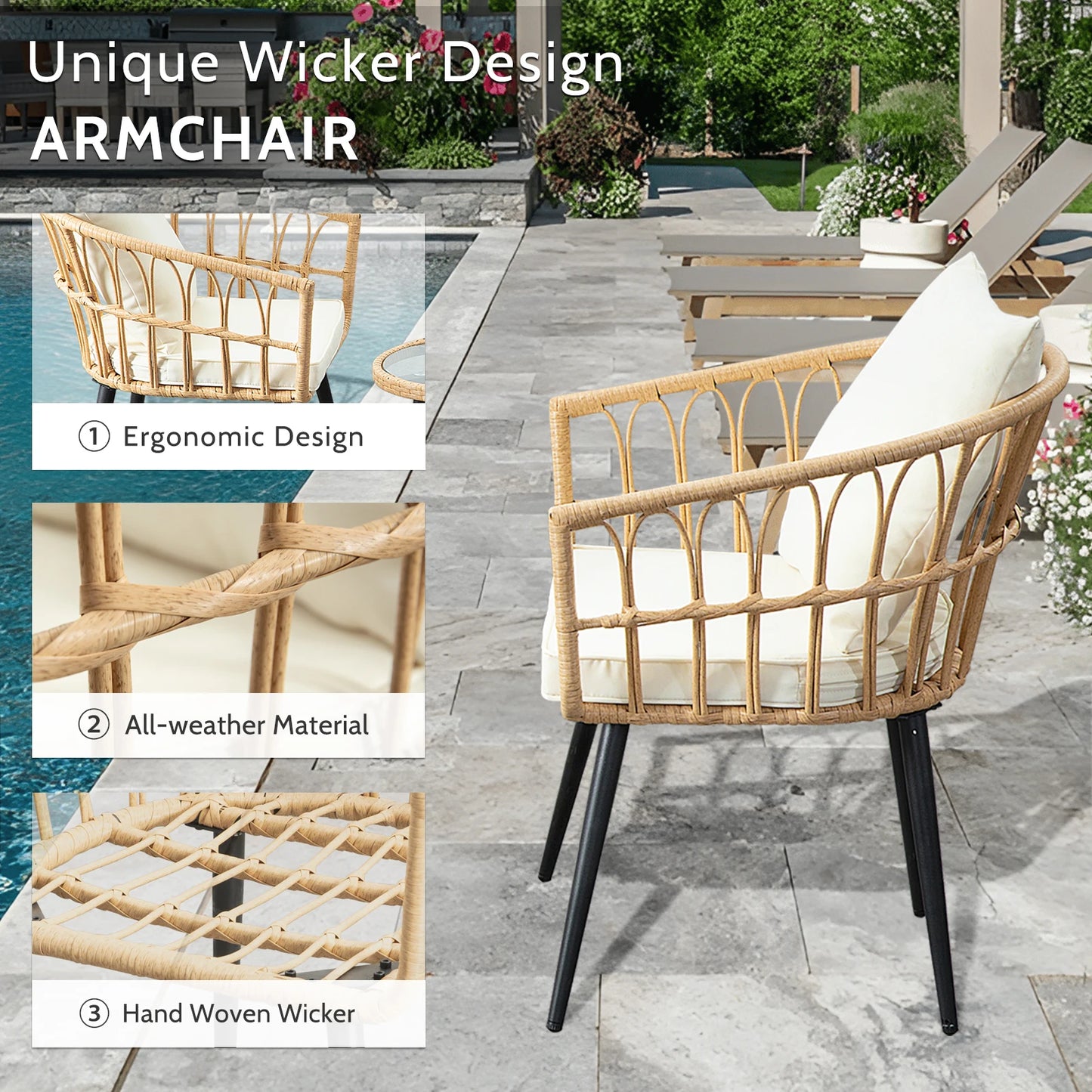 SEOGWISAM 3-Piece Outdoor Wicker Bistro Set With Cushions And Table