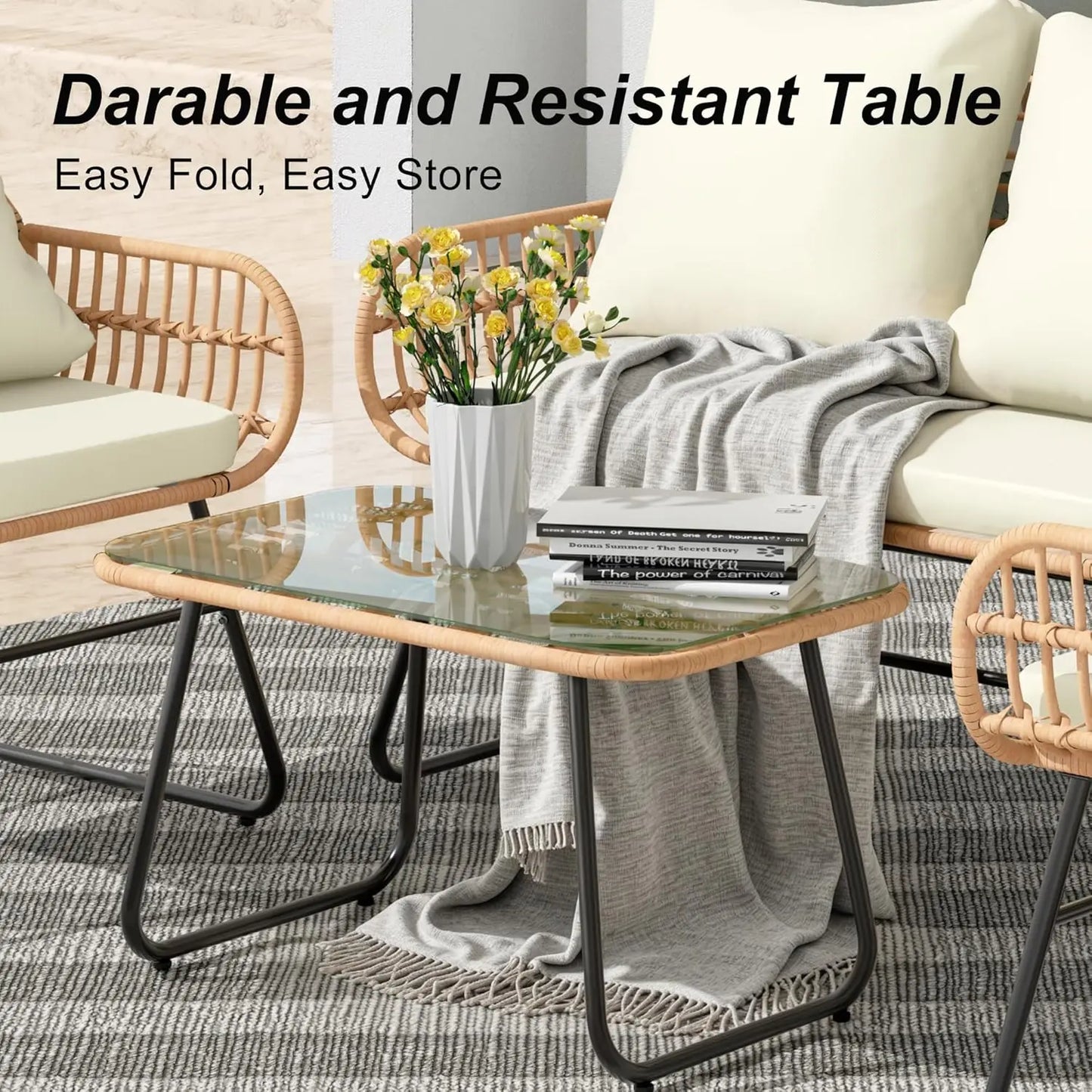 Outdoor 4-Piece Rattan Patio Set Cushions Tempered Glass Table