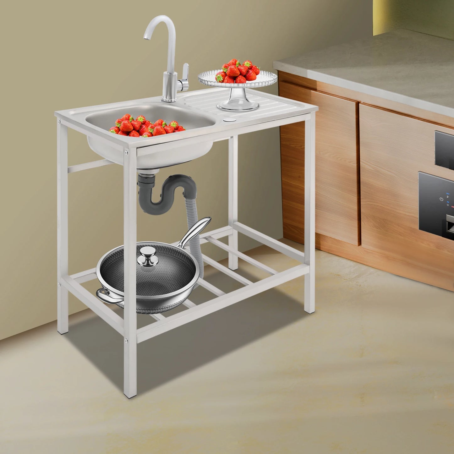 Free Standing Stainless Steel Kitchen Sink With Faucet And Shelf