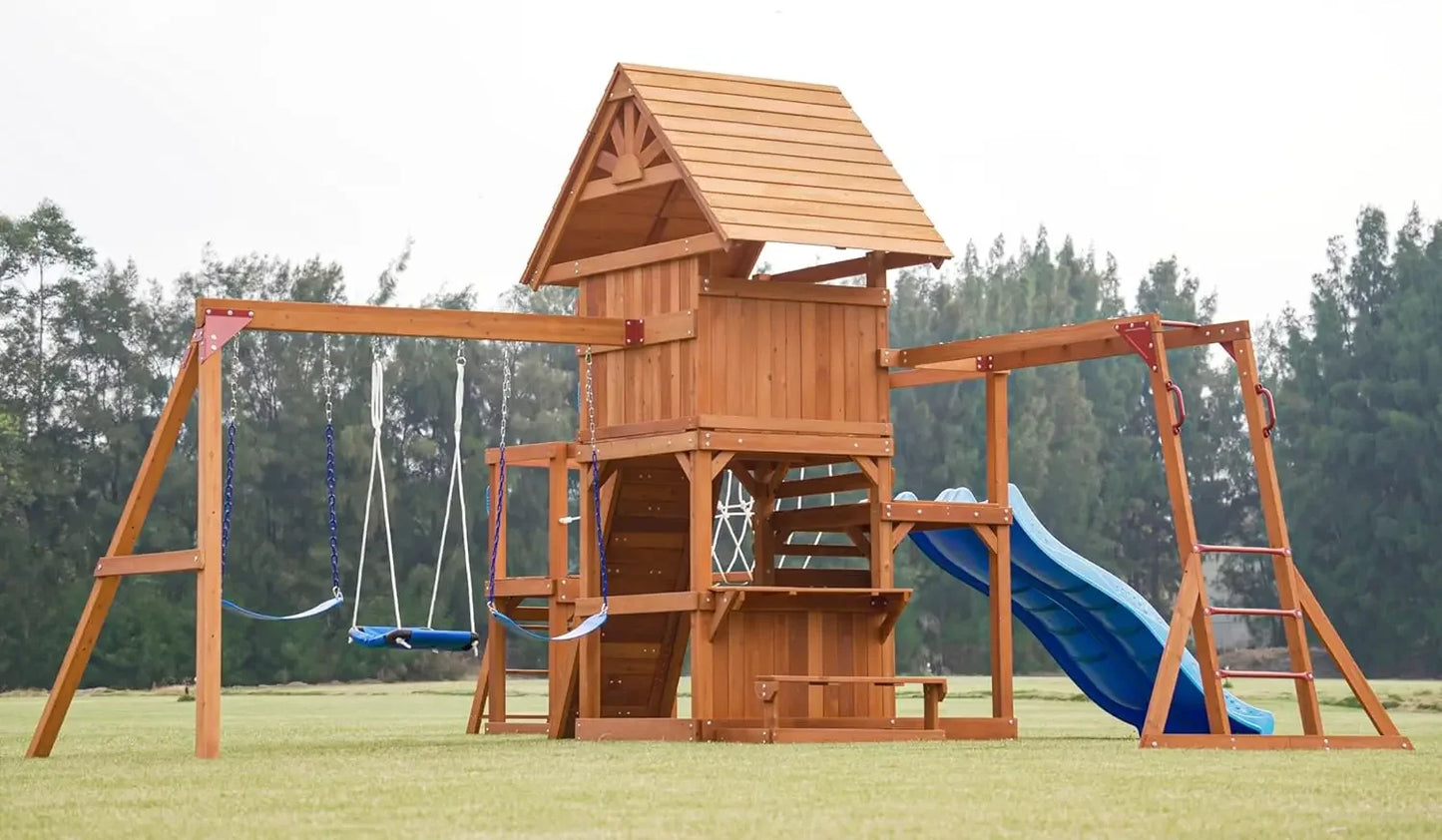 Wooden Backyard Swing Set With Plank Bridge And Monkey Bar