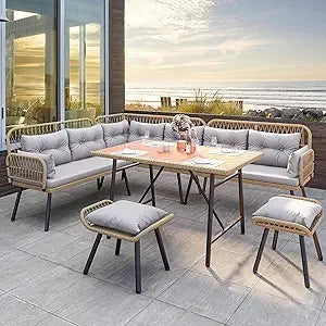 Patio Wicker L Shaped Outdoor Furniture Set With Cushions