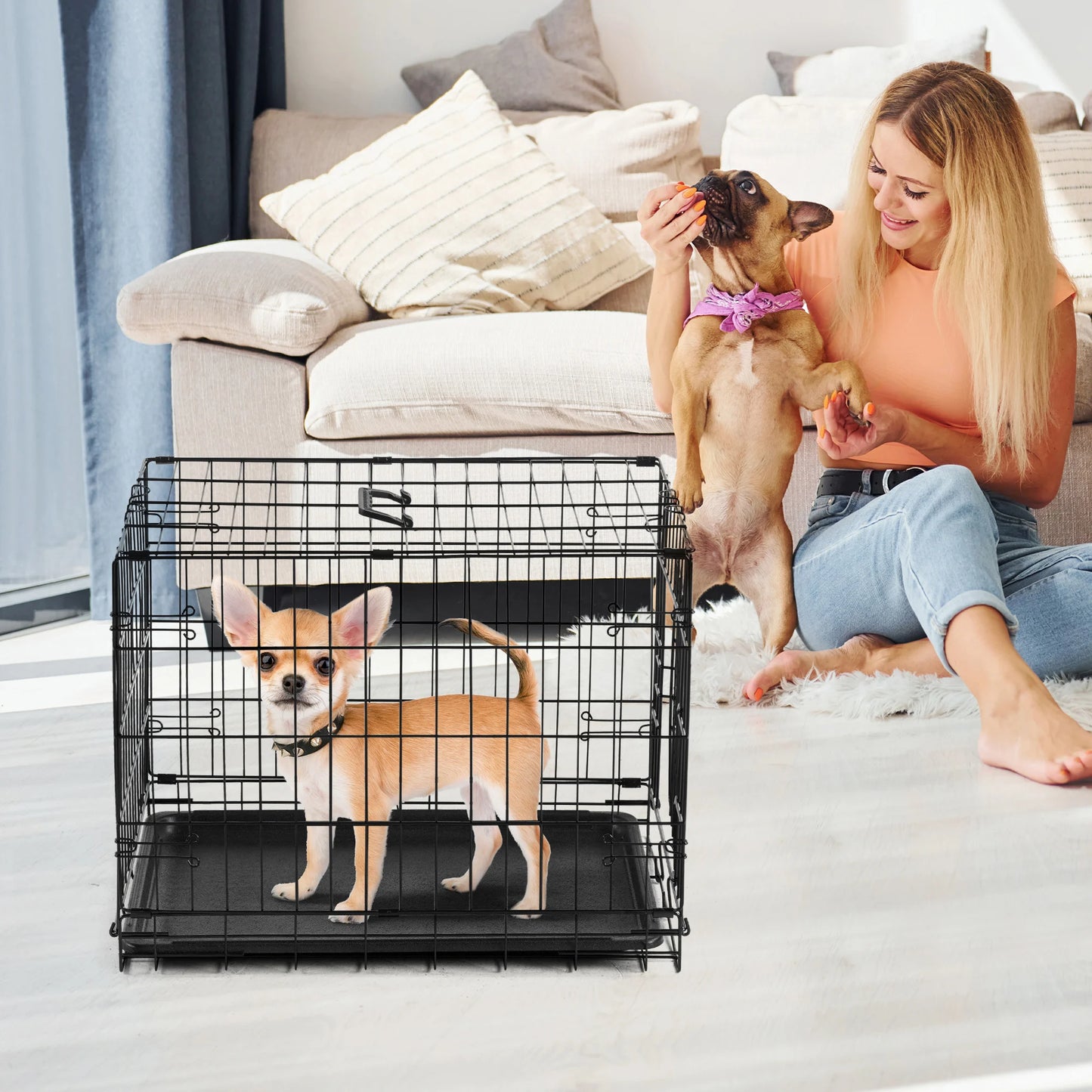 JHK Single Door Folding Metal Dog Cage With Leakproof Pan