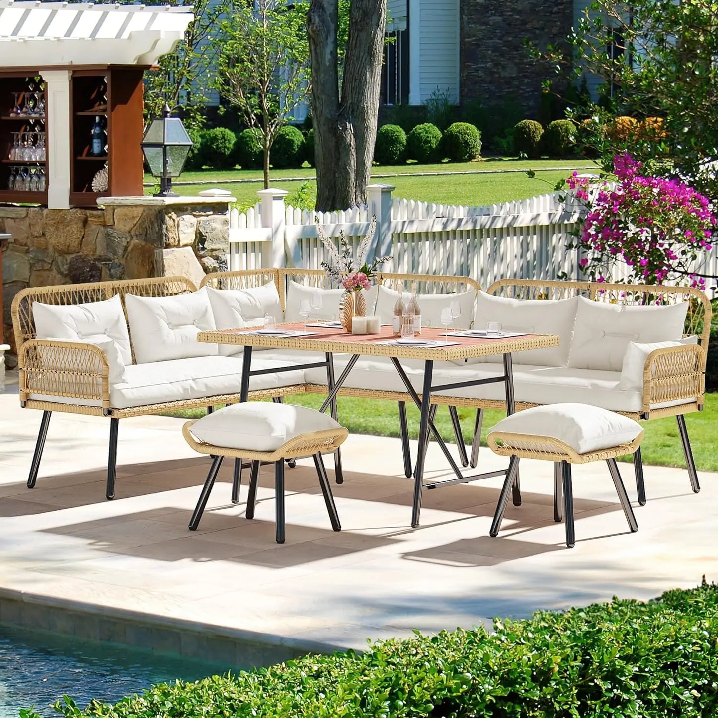 Patio Wicker L Shaped Outdoor Furniture Set With Cushions