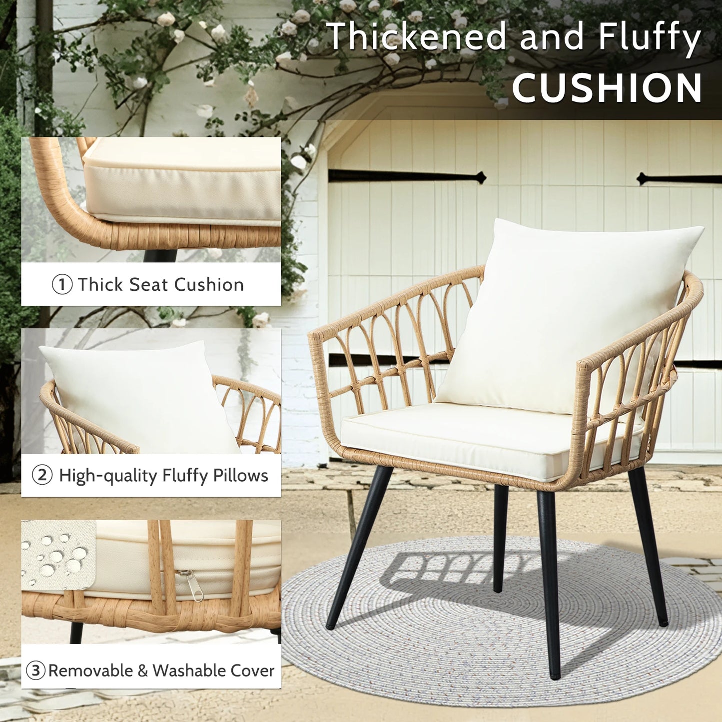 SEOGWISAM 3-Piece Outdoor Wicker Bistro Set With Cushions And Table