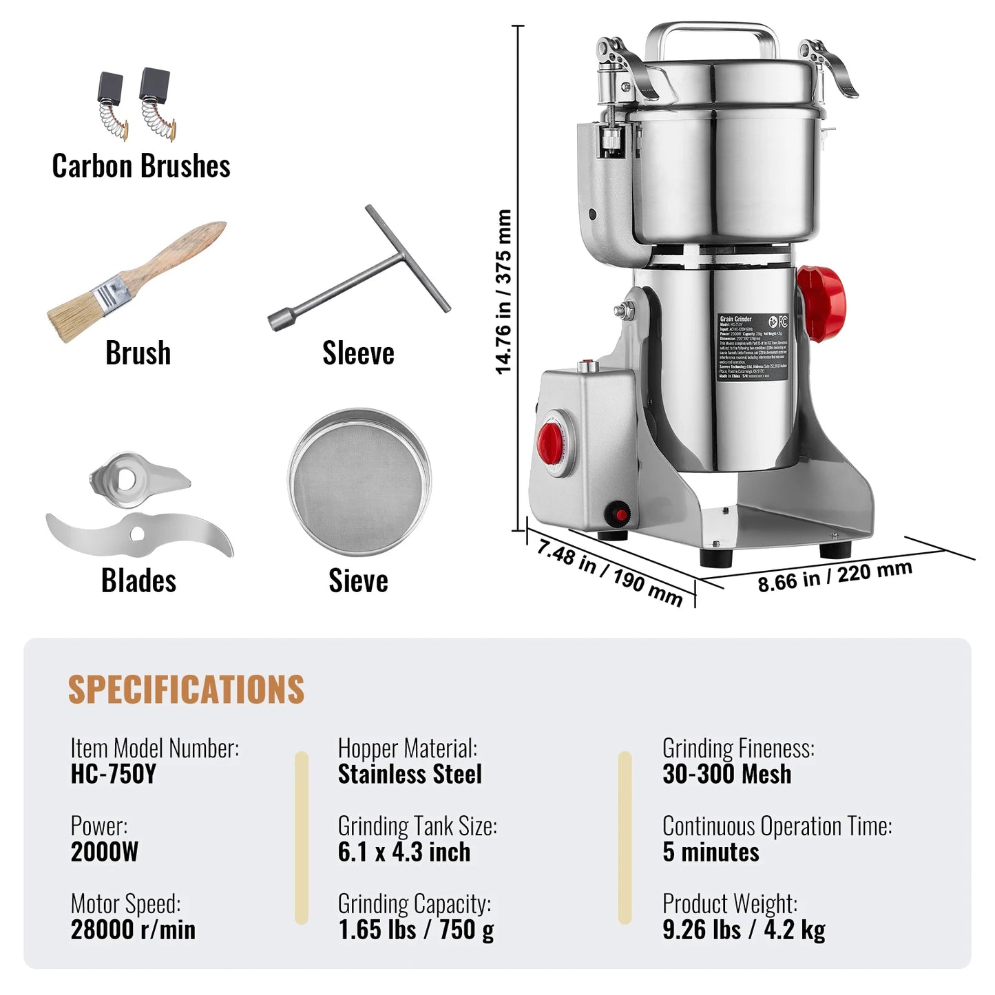 VEVOR Electric Grain Mill Grinder for Dry Herbs And Spices