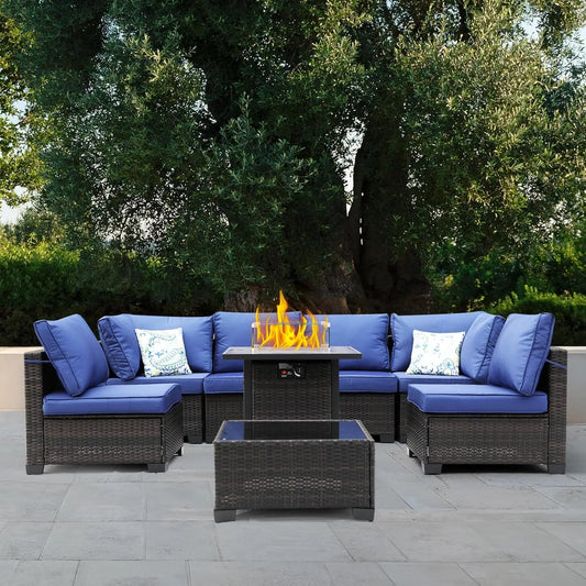 Patio Furniture Set With Fire Pit Table And Wicker Sectional