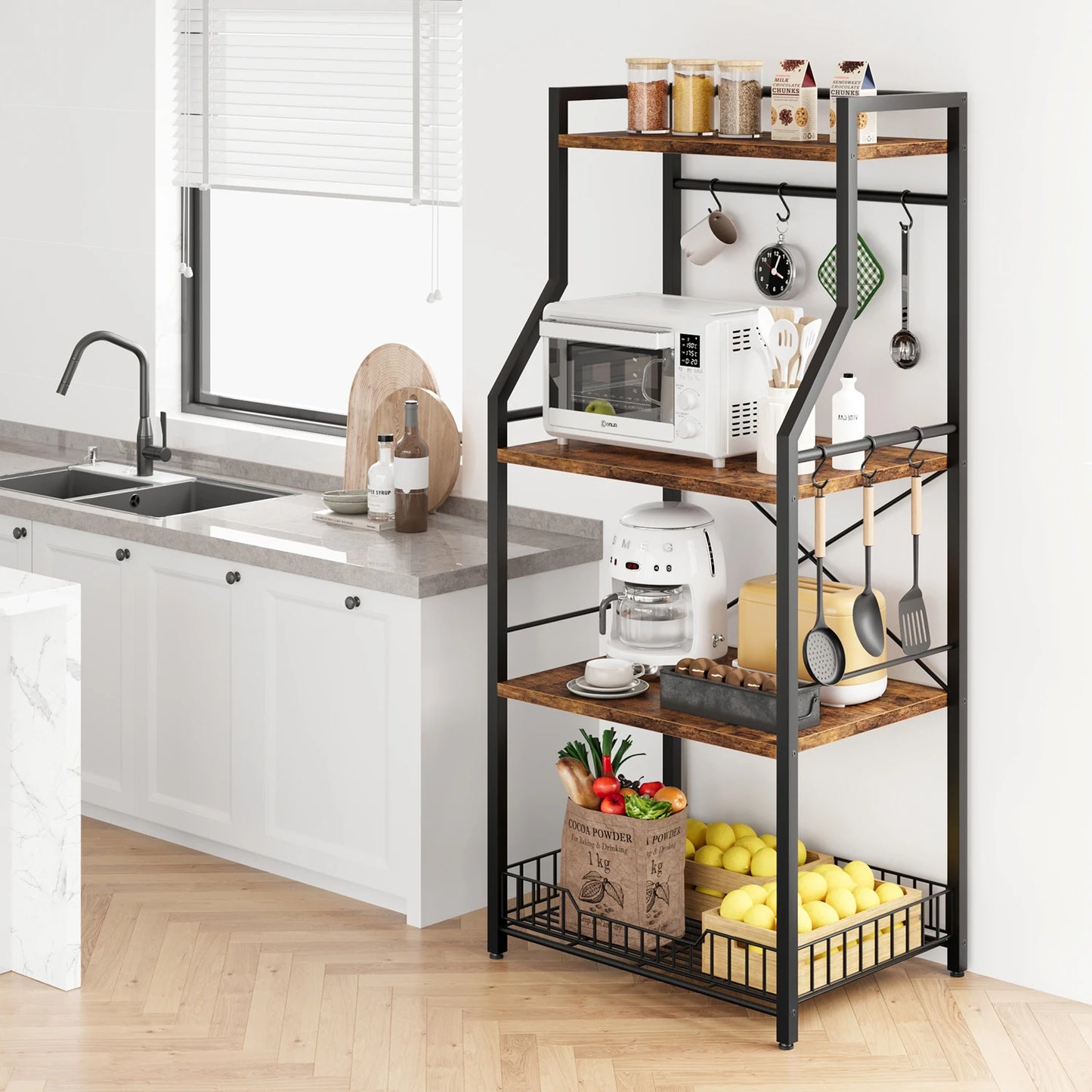 TWISTER.CK Kitchen Bakers Rack Microwave Oven Stand With Large Wire Basket