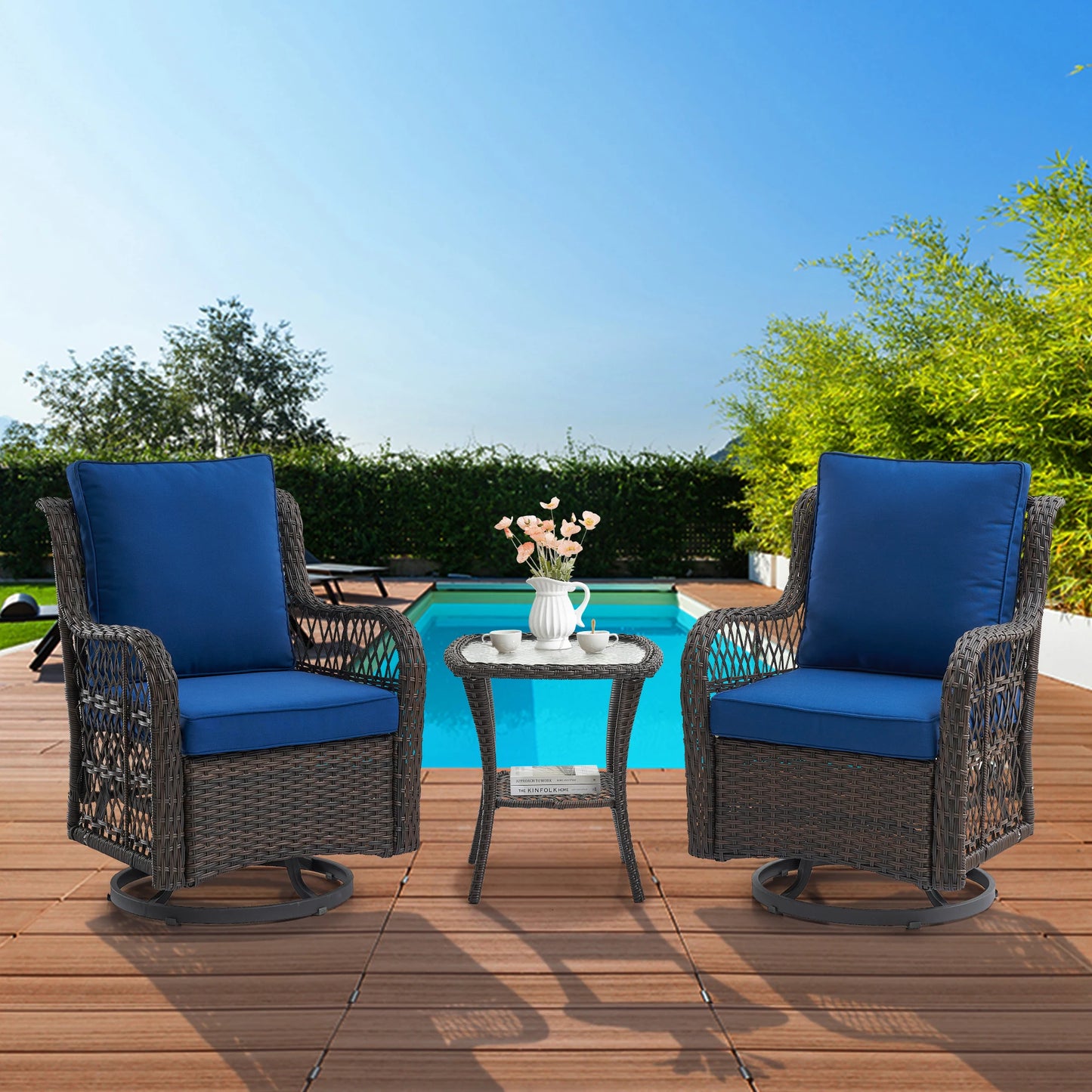 HobbyLane 3-Piece Outdoor Wicker Swivel Chair Set With Side Table