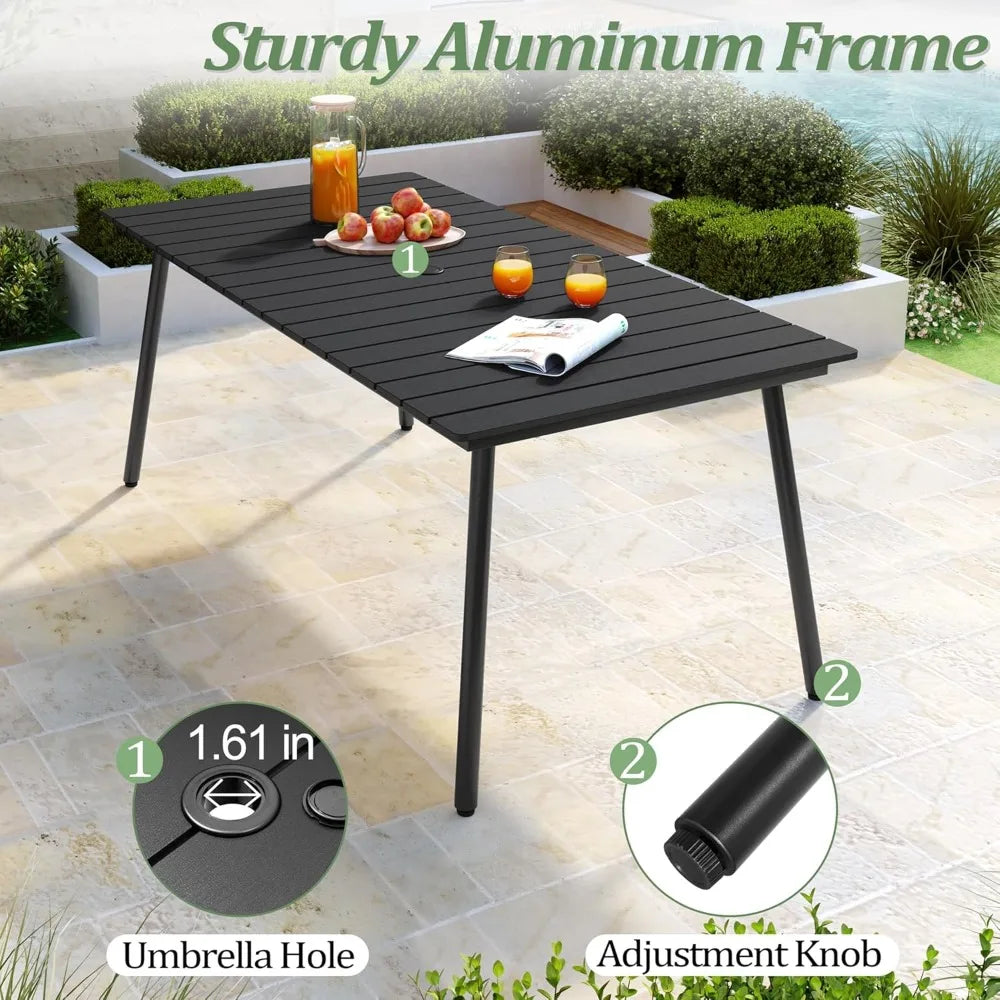Outdoor Dining Table for 6 With Aluminum Frame and Wood Look Top Umbrella Hole