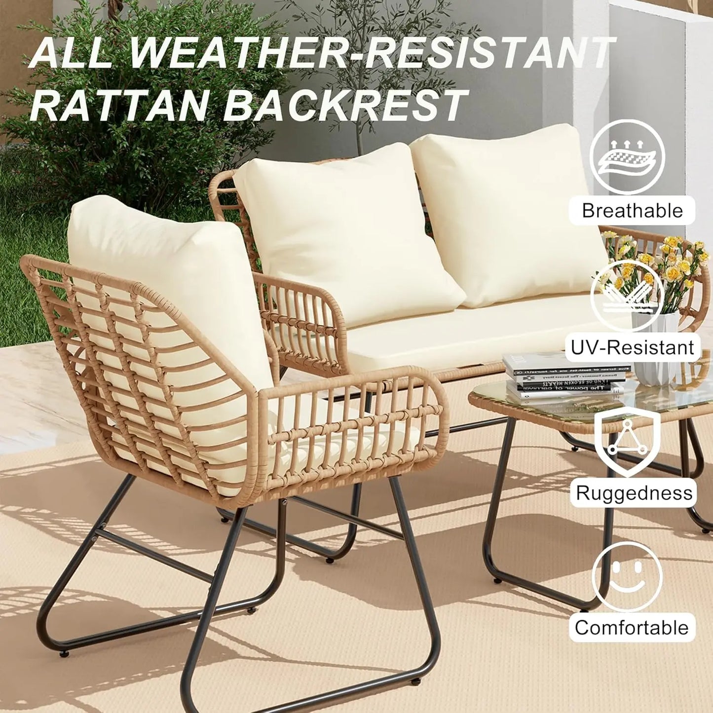 Outdoor 4-Piece Rattan Patio Set Cushions Tempered Glass Table