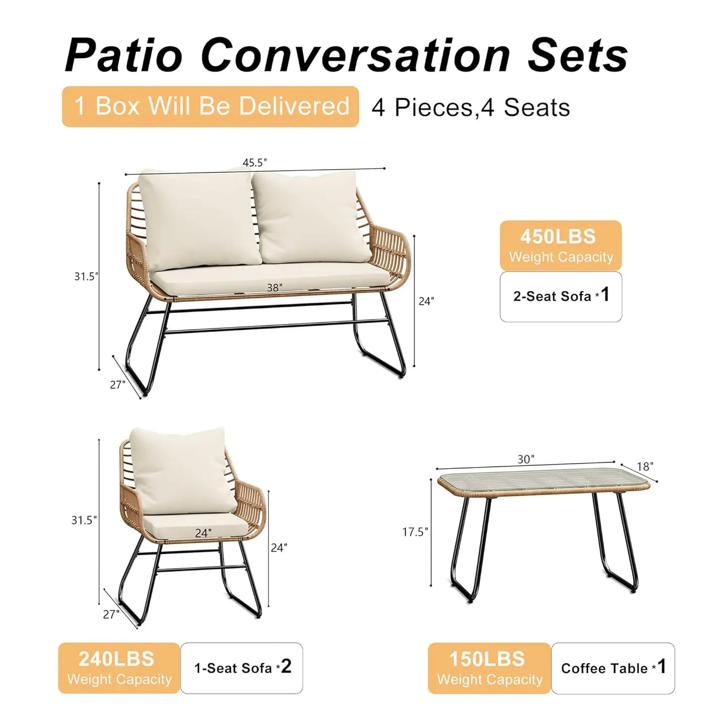 Outdoor 4-Piece Rattan Patio Set Cushions Tempered Glass Table