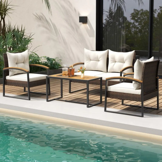 Patio Rattan Outdoor Conversation Sofa Set With Tabletop Cushions