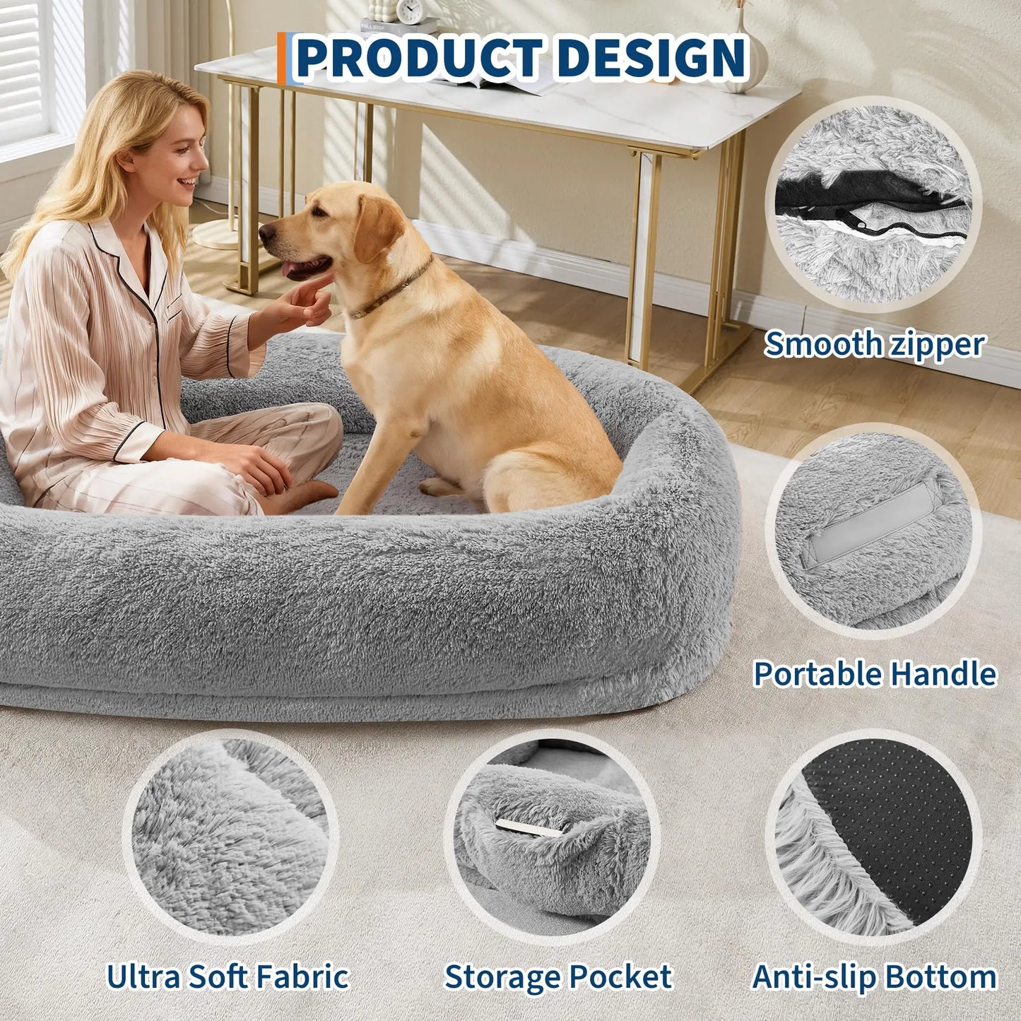 HiMISSCN Oversized Human and Pet Bed With Orthopedic Faux Fur