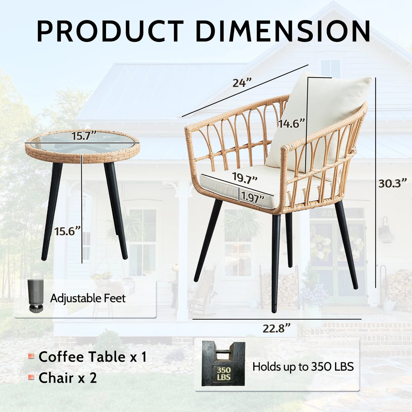 SEOGWISAM 3-Piece Outdoor Wicker Bistro Set With Cushions And Table