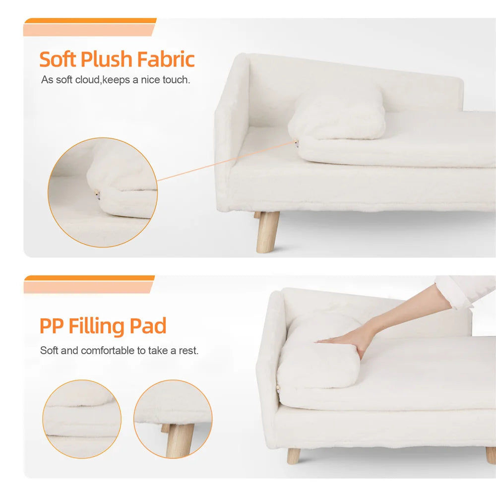 BORWARTCN Luxury Elevated Dog Sofa Bed With Backrest Plush Cushion Wooden Legs