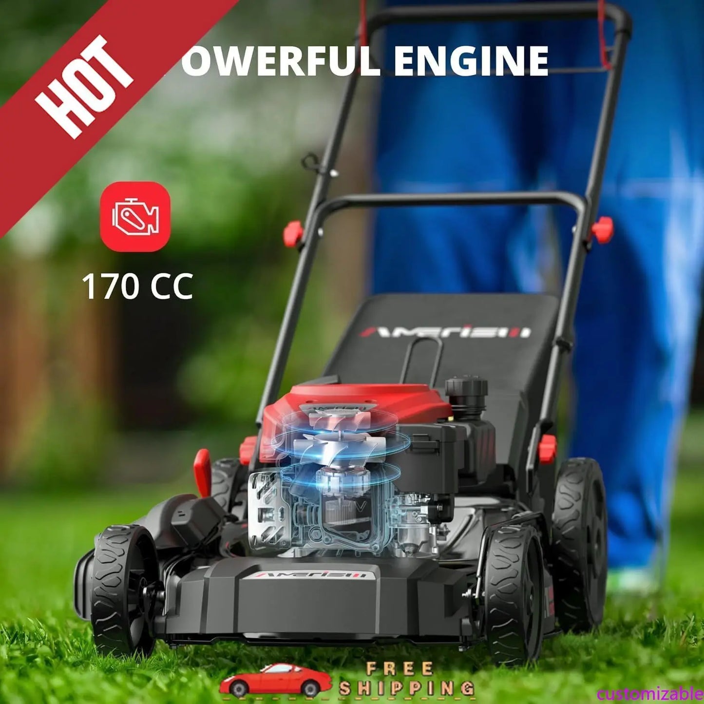 XMSJ Gas-Powered Self-Propelled Lawn Mower 170cc OHV Engine