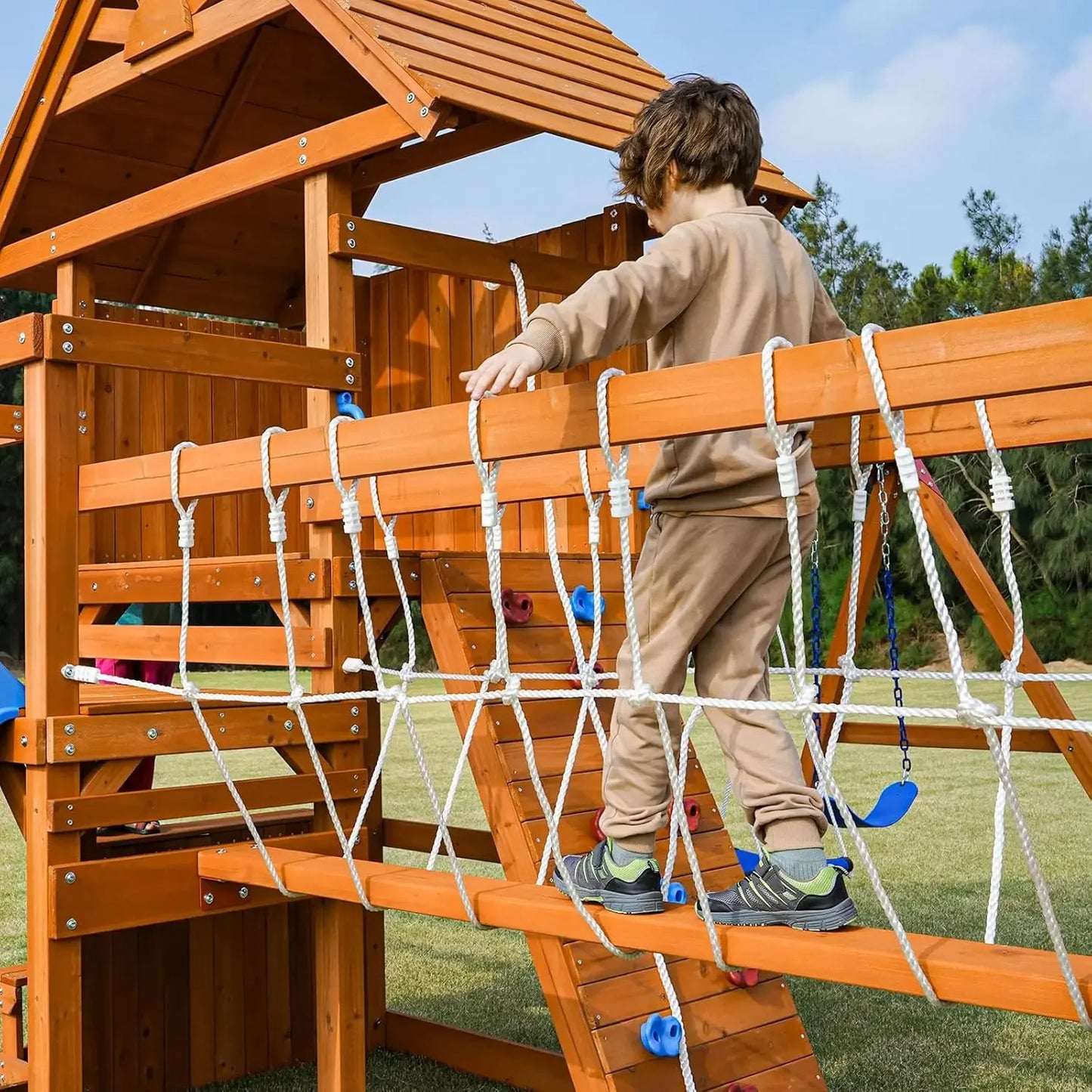 Wooden Backyard Swing Set With Plank Bridge And Monkey Bar