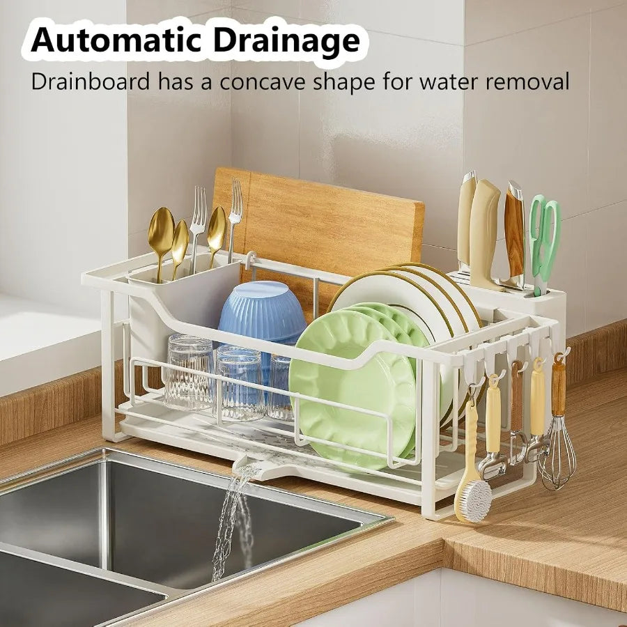 Auto Drain Narrow Dish Drying Rack With Removable Cutlery Basket