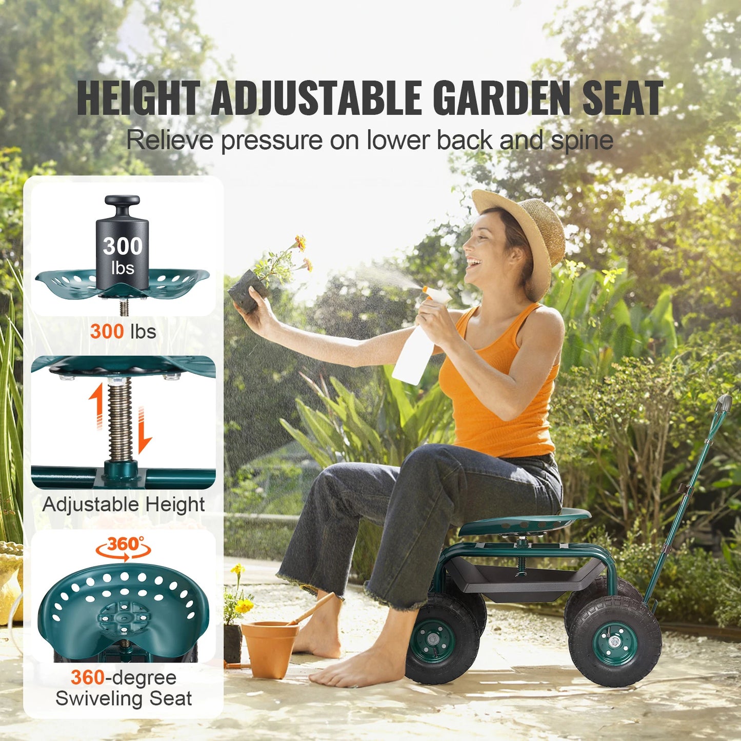 SucceBuy Rolling Garden Cart Seat With Wheels And Swivel