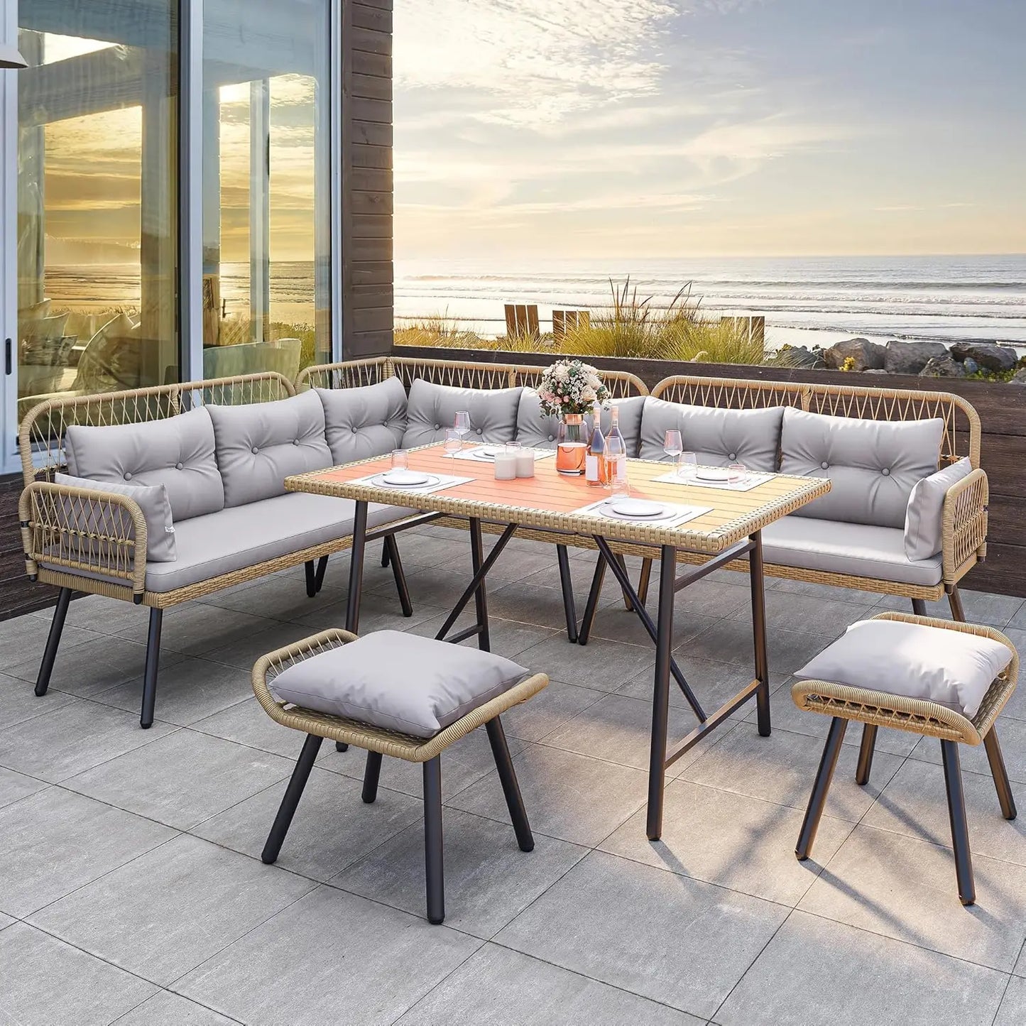 Patio Wicker L Shaped Outdoor Furniture Set With Cushions