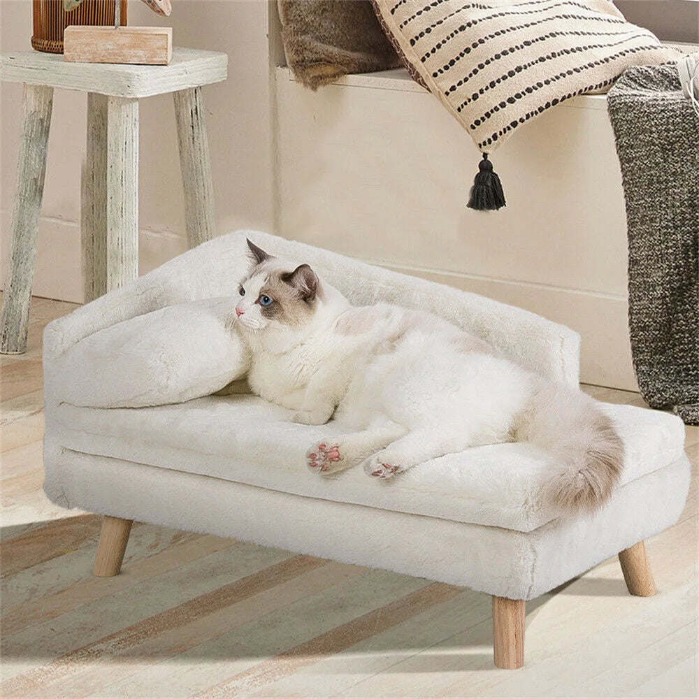 BORWARTCN Luxury Elevated Dog Sofa Bed With Backrest Plush Cushion Wooden Legs